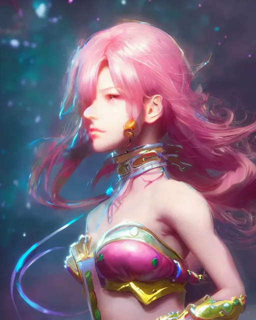 Image similar to cute girl, beautiful, fantasy, colorful, cinematic lighting, artstation, trending, highly detailed, focus, smooth, by hirohiko araki and yoshitaka amano