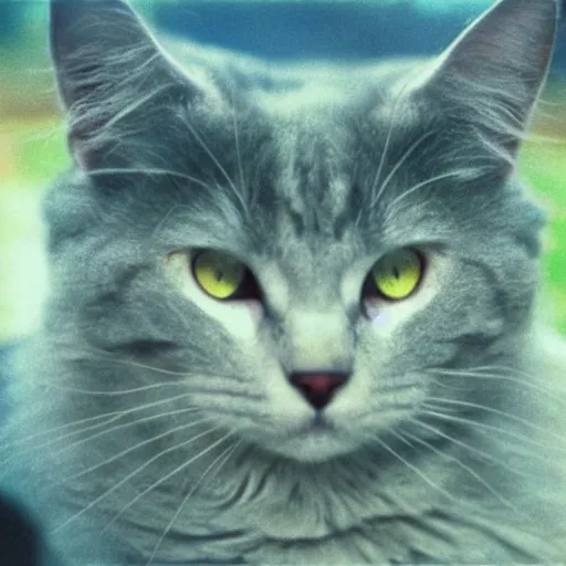 Image similar to photograph of a fluffy gray cat with yellow eyes looking out a car window, screenshot from commercial from 1989, cinestill, Sigma 24mm f/8, production still, insanely detailed and intricate, haunting, ghostly, foreboding, by Makoto Shinkai and Mohiro Kitoh