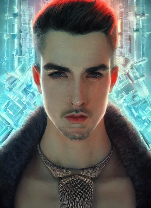 Image similar to a highly detailed long shot photo of masculin male face portrait, futurism, rococo cyber neon lighting, detailed futuristic fibonacci jewelry, profile posing, hyper photorealistic, crispy quality, digital photography, trending in pinterest, cinematic, 4 k ultra hd, art by pascal blanche, art by greg rutkowski, art by artgerm,