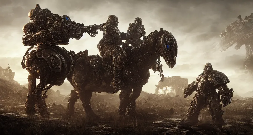 Image similar to gears of war alien knight in medieval plate armor on a giant mechanical horse, the feeling of magical grimdark magic power and dispair, on a dark swampy bsttlefield, high quality, detailed, 8k, unreal engine, octane render, trending on artstation