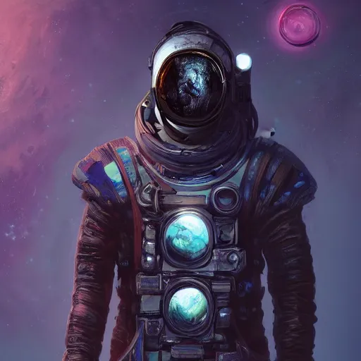 Image similar to technomancer astronaut with an epic cosmic background in the style of erak note, eddie mendoza, christophe young, craig mullins, evan lee, silvain sarrailh, dao trong le, kan liu, character design, trending on artstation, extremely detailed