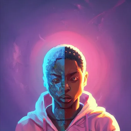 Image similar to afro - cyberpunk man manifesting dreams with ancestral magic in a modern world | hyperrealistic oil painting | by makoto shinkai, ilya kuvshinov, lois van baarle, rossdraws, basquiat | afrofuturism, in the style of surrealism, trending on artstation | dark color scheme