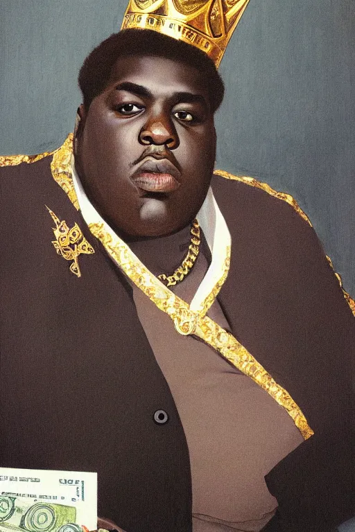 Image similar to portrait of biggie smalls with kings crown and royal outfit, royal background, piles of money, modern, eclectic, illustration, by ramon casas