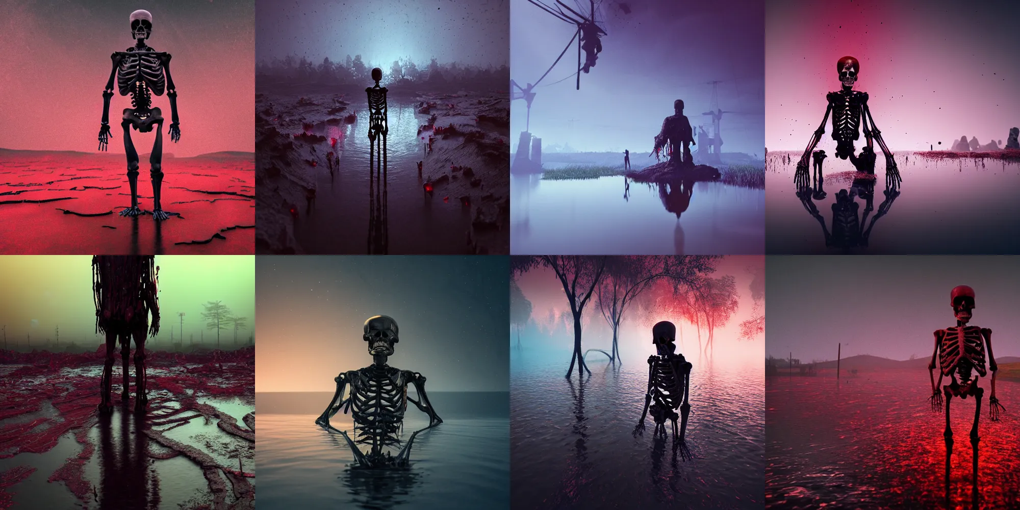 Prompt: beautiful dark bloody flooded landscape, old human skeleton statue covered in blood, in the style of beeple and Mike Winkelmann, photo real, ultra realistic, intricate, epic lighting, 8k resolution, unreal engine 5, ultraviolet colors,