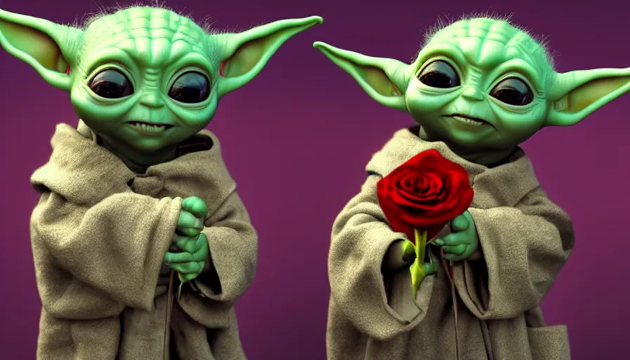 Image similar to baby yoda smiling and holding a rose, hyperdetailed, artstation, cgsociety, 8 k