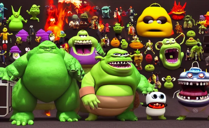 Prompt: hamburger godzilla yoda donkey kong pikachu yeti shrek super robot homer groot waluigi darth vader mike wazowski, highly detailed, extremely high quality, hd, 4 k, 8 k, professional photographer, 4 0 mp, lifelike, top - rated, award winning, cinematic, realistic, detailed lighting, detailed shadows, sharp, no blur, edited, corrected, trending