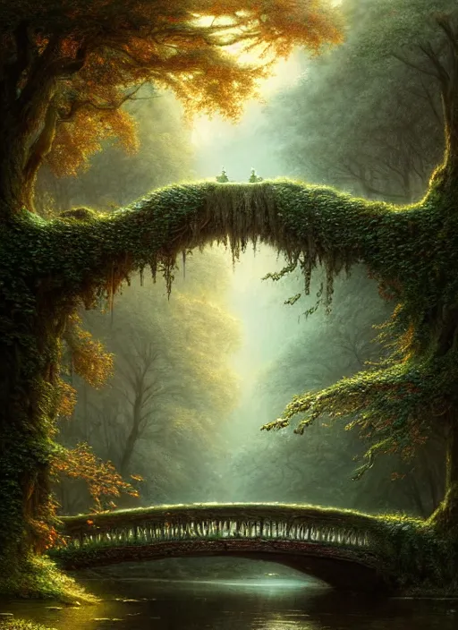 Image similar to old bridge with ivy, fantasy forest landscape, fantasy magic, light night, intricate, elegant, sharp focus, illustration, highly detailed, digital painting, concept art, matte, art by wlop and artgerm and ivan shishkin and andrey shishkin, masterpiece