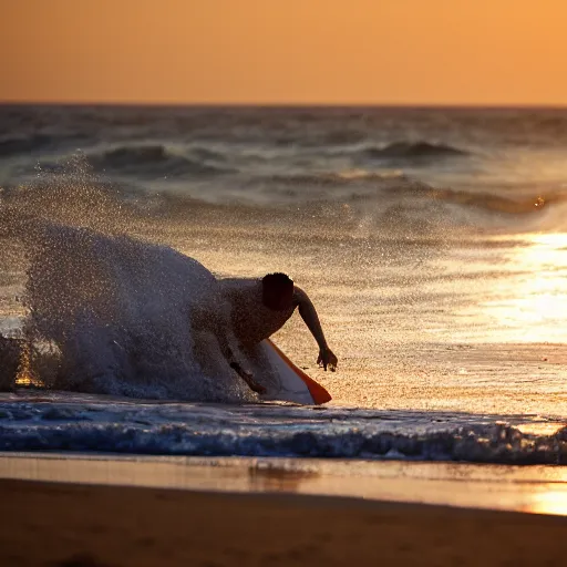 Image similar to Dawn. Crashing Surf. The waves TOSS a BEARDED MAN onto wet sand. He lies there.