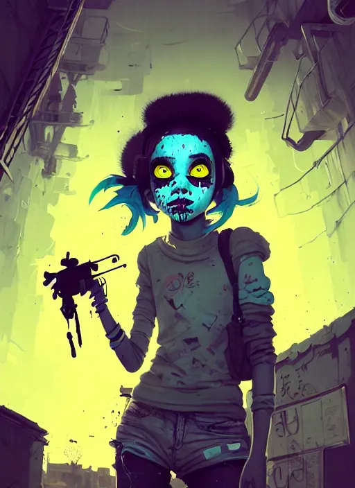 Prompt: highly detailed portrait of a sewer punk young lady with white graffiti face paint by atey ghailan, james gilleard, by joe fenton, by greg rutkowski, by greg tocchini, by kaethe butcher, 4 k resolution, gradient yellow, black, brown and cyan color scheme, grunge aesthetic!!! ( ( dystopian graffiti tag wall in background ) )