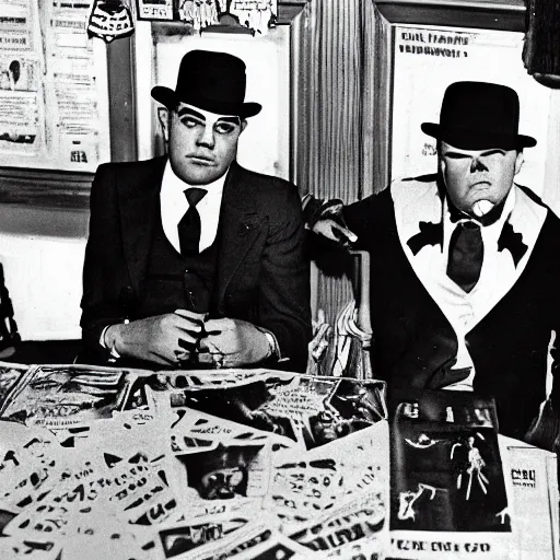 Prompt: Satanic States of America, alternate history, 1930s Chicago gangster, Al Capone, goth Al Capone, occult, 1930s photograph, mafia, Satanic symbols in the background, Great Depression