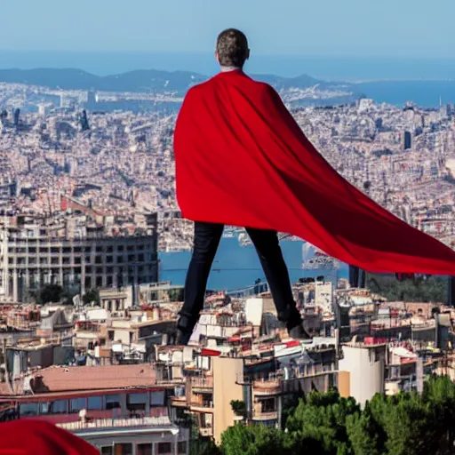 Prompt: santigo abascal flying over barcelona wearing a red cape