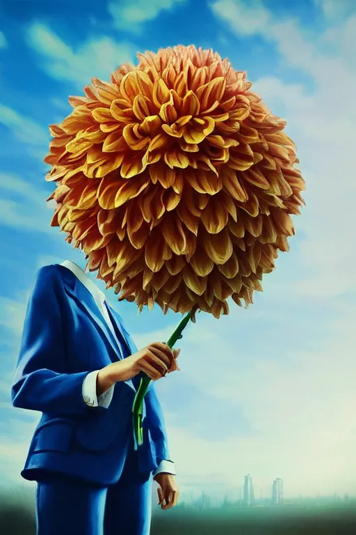 Image similar to closeup giant dahlia flower head, girl in a suit, street, surreal photography, blue sky, sunrise, dramatic light, impressionist painting, digital painting, artstation, simon stalenhag