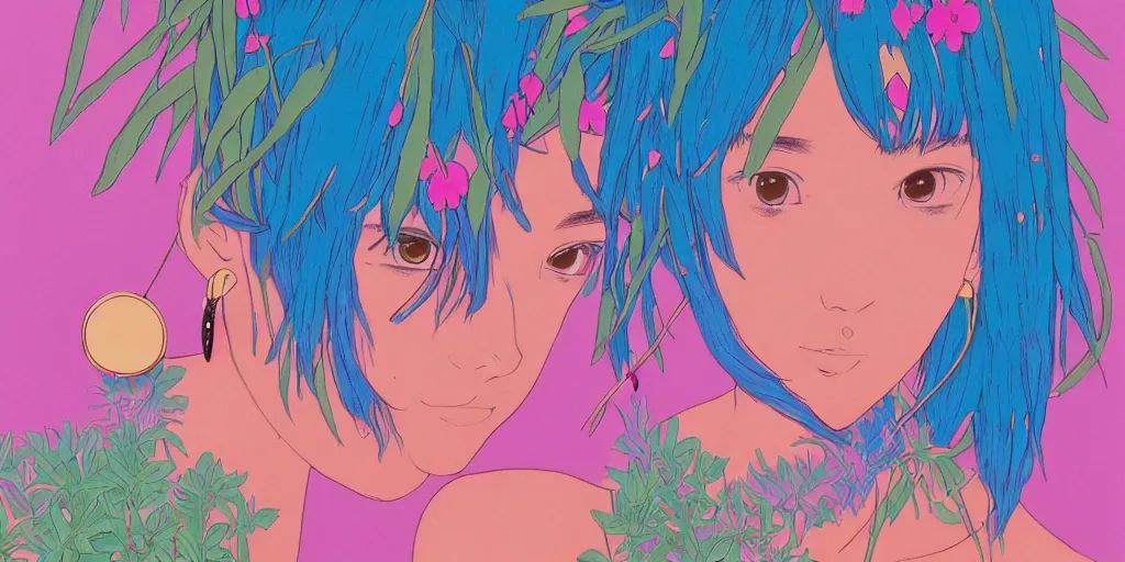 Image similar to risograph grainy painting of running man anime - like hero girl protagonist face, matte dull colors, with huge earrings, face covered with plants and flowers, by moebius and dirk dzimirsky and satisho kon, blue hour, close - up wide portrait