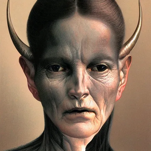 Prompt: portrait of a woman with horns and fully black eyes, by wayne barlowe