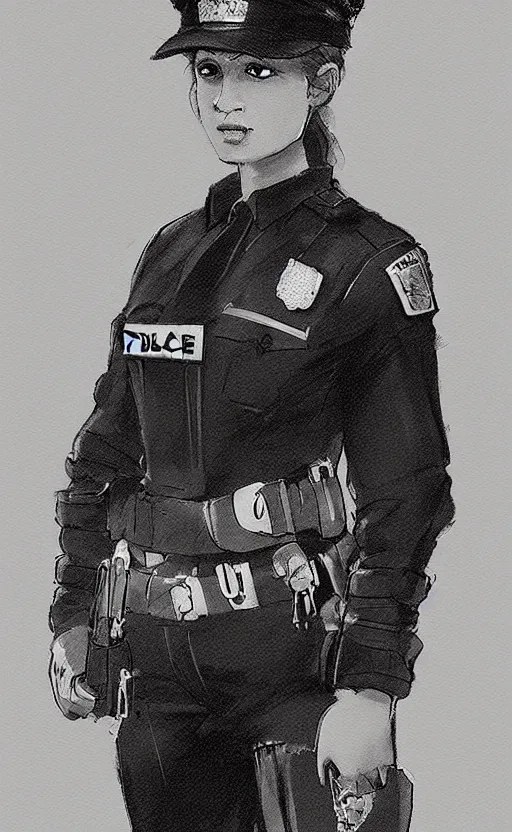 Prompt: Female in police uniform. By Rembrandt and artstation trending