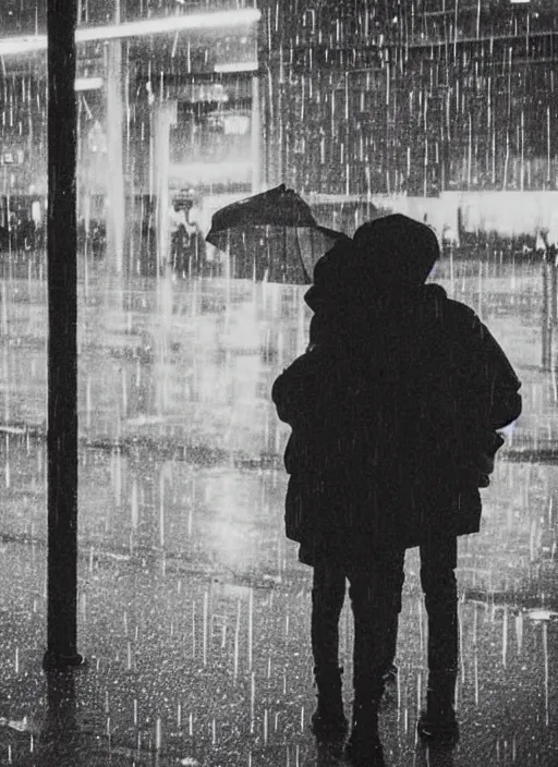 Image similar to a grainy vintage photograph of a boy and girl at night at a bus station in the rain falling in love