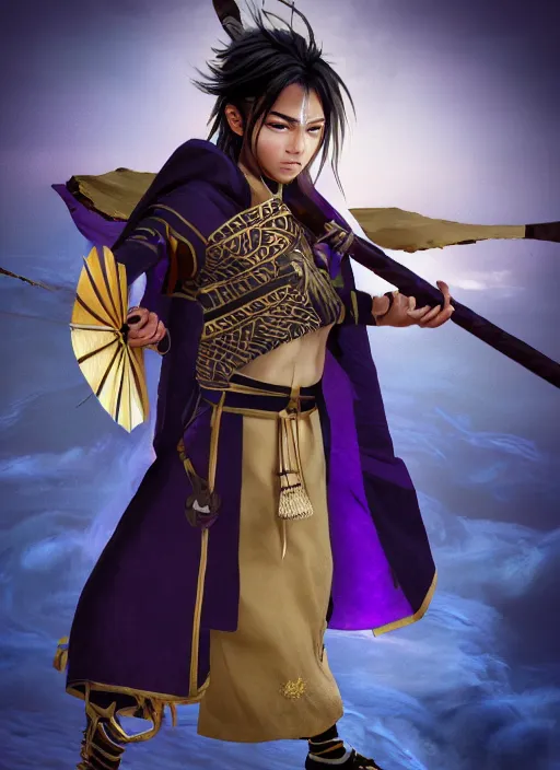 Prompt: An epic fantasy portrait painting of teenager boy with straight indigo hair, purple eyes with red eye markers, slim body, wearing a detailed Japanese kimono with golden armor pieces, holding japanese fan. Unreal 5, DAZ, hyperrealistic, octane render, studio Ufotable, Demon Slayer artstyle, cosplay, RPG portrait, dynamic lighting