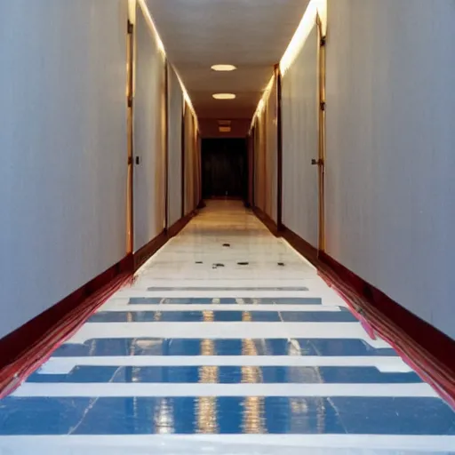 Prompt: Beautiful soft liminal Photograph of an infinite infinite unused office hallway from the 90s, water on the floor