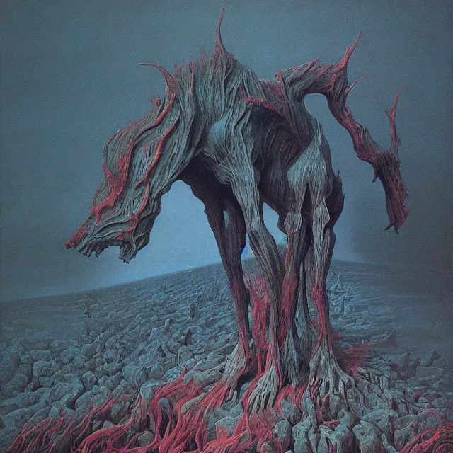 Prompt: cruel Beast of Judgement apocalyptical vision by zdzisław beksiński, oil painting award winning, chromatic aberration stark bright colors fear not