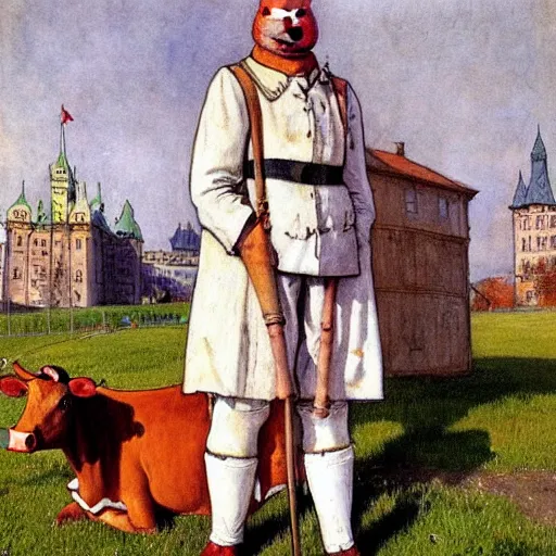 Prompt: painting carl larsson, cow, dressed, anthropomorphic!!, wearing!!! clothes!!!, standing next to royal castle!!!