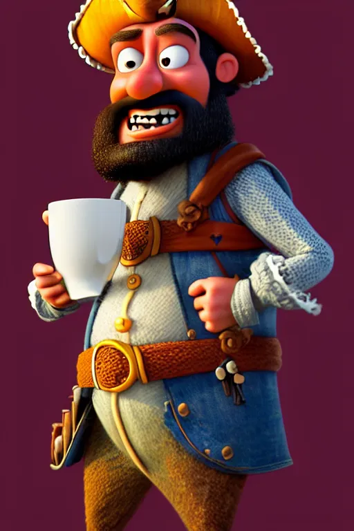 Image similar to portrait of the pirate blackbeard holding a cup of coffee, full body. pixar disney 4 k 3 d render funny animation movie oscar winning trending on artstation and behance. ratatouille style.