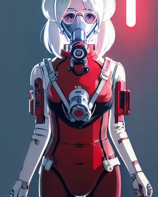 Image similar to white haired cyborg girl wearing gas mask and red dress | | audrey plaza, warframe armor, fine detail!! anime!! realistic shaded lighting!! poster by ilya kuvshinov katsuhiro otomo ghost - in - the - shell, magali villeneuve, artgerm, jeremy lipkin and michael garmash and rob rey