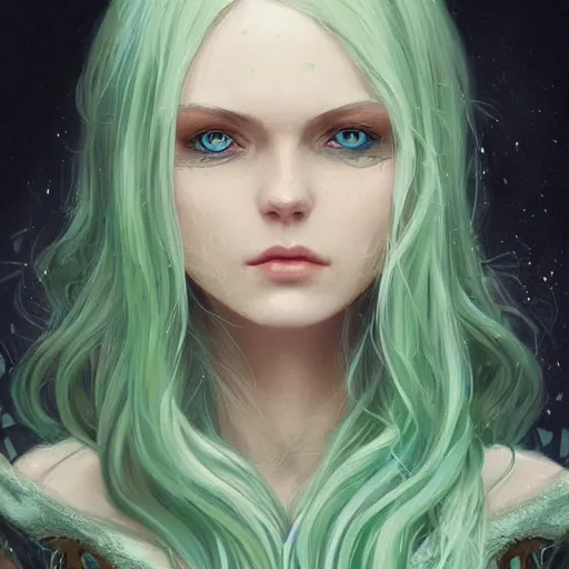 Image similar to portrait of a beautiful young woman with bright blue eyes, flowing white hair, dressed in a green, detailed face, fantasy, highly detailed, cinematic lighting, digital art painting by artgem, trending on artstation, very very beautiful, very attractive, high fantasy