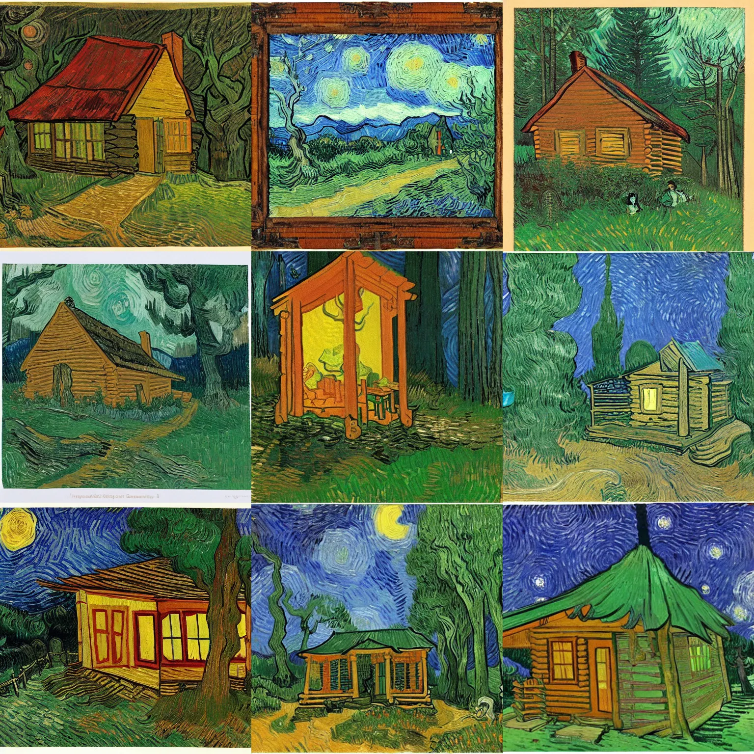 Prompt: [ a log cabin in the forest ] [ van gogh ] [ maurice sendak ]