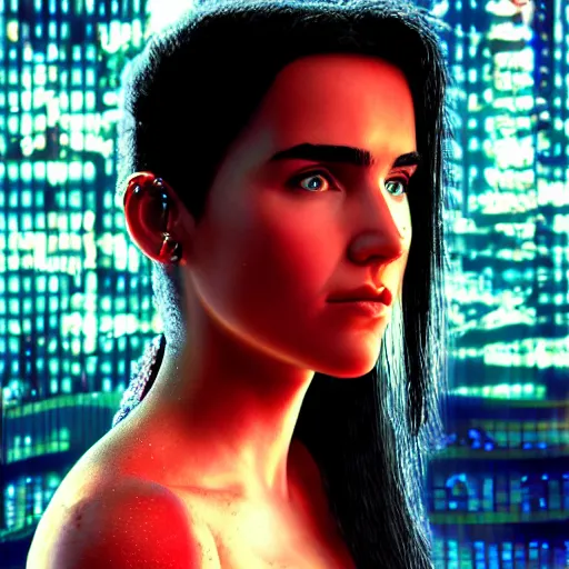 Image similar to young cyberpunk jennifer connelly, cartoon portrait made out of rain, realistic, highly detailed, neon, rendered in octane, unreal engine, rain, beautiful, trending on artstation, emotional