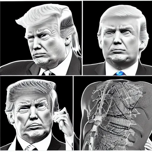 Prompt: scientific medical anatomy of Donald Trump, wearing adult diapers, different styles of art, very detailed, technical drawing,