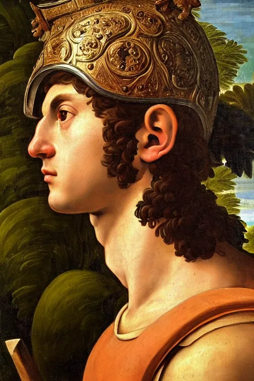Image similar to renaissance painting of young man in the roman armour wears roman helmet, closeup, face closeup, emotions closeup, dressed in roman armour, the beautiful garden with juniper everywhere, ultra detailed, art by guido reni style, vincenzo catena style
