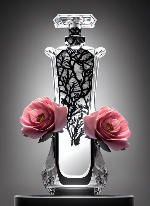 Image similar to perfume bottle standing on a biomechanical black enchanted vanity mirror made of corals, daisies, roses in an ivory room well contoured smooth fair walls, up close shot, sharp focus, global illumination, radiant light, alexandre ferra white mecha, irakli nadar, octane highly render, 4 k, ultra hd,