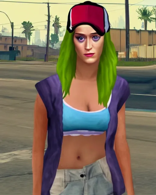 Prompt: Homeless katy perry in Grand Theft Auto San Andreas