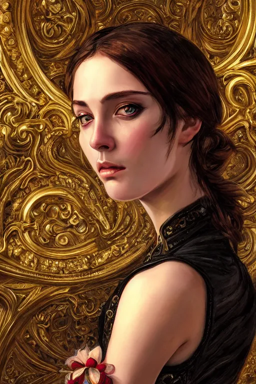 Prompt: high quality extremely detailed closeup portrait of a young attractive female necromancer looking away from the camera, dressed, realistic eyes, sparkle in eyes, no hands visible, baroque architecture in background, fantasy, d & d, intricate, painting by lucian freud and mark brooks, hd
