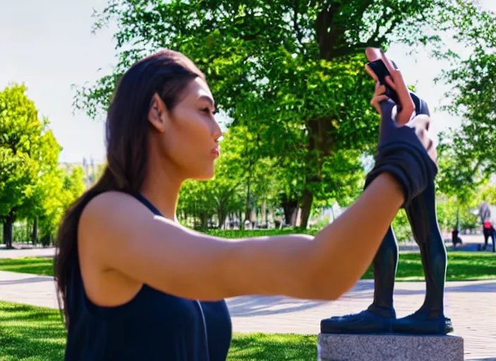 Image similar to photo still of a bronze statue of a woman using an iphone to take a selfie, in a park on a bright sunny day, 8 k 8 5 mm f 1 6