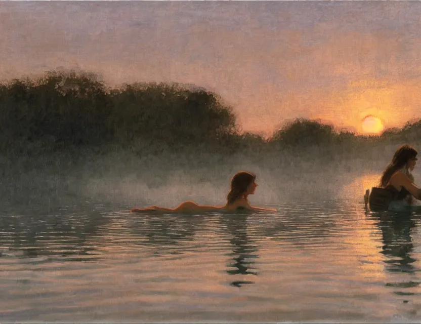 Prompt: Two woman swimming in the lake on a sunset, country style, Cottage core, Cinematic focus, Polaroid photo, vintage, neutral colors, soft lights, foggy, by Steve Hanks, by Serov Valentin, by Andrei Tarkovsky, by Terrence Malick, 8k render, detailed, oil on canvas, wide shot