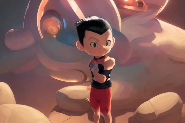 Image similar to portrait of Astroboy, centered full body pose, zenith angle, shadowy area, dramatic lighting, concept art, digital painting, Unreal Engine 5, 8K, art by artgerm and Greg Rutkowski and Alphonse Mucha