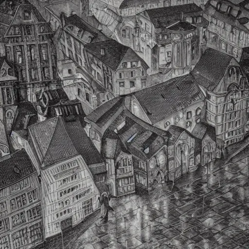 Prompt: dark fantasy, 17th century German city, dark stone, rain, view from above, hyper-detailed