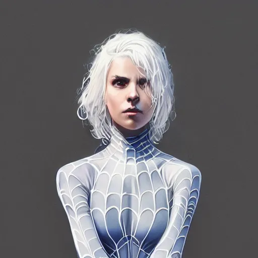 Image similar to full body portrait of white haired girl in spider man suit, super hero, webs, highly detailed, very beautiful face, very detailed eyes, digital art, artstation, concept art, smooth, sharp focus, greg rutkowski, wlop