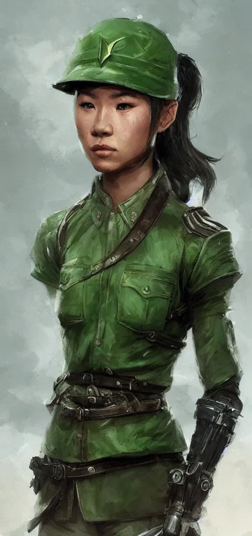 Prompt: portrait of vietnamese solider girl, green uniform, epic, elder scrolls art, fantasy, skyrim, hd shot, digital portrait, beautiful, artstation, by artgerm, guy denning, jakub rozalski, magali villeneuve and charlie bowater