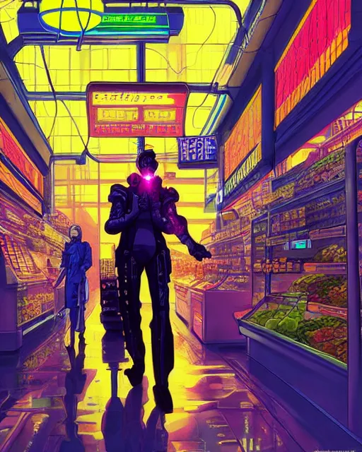 Prompt: cyberpunk man shopping at a neon soaked grocery store, science fiction painting, elegant intricate digital painting artstation, art by masamune shirow, detailed