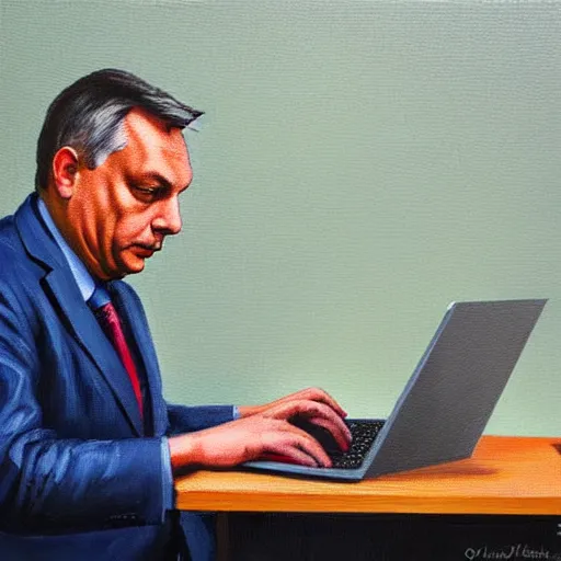 Image similar to viktor orban refactoring code on a laptop in a cubicle, oil painting