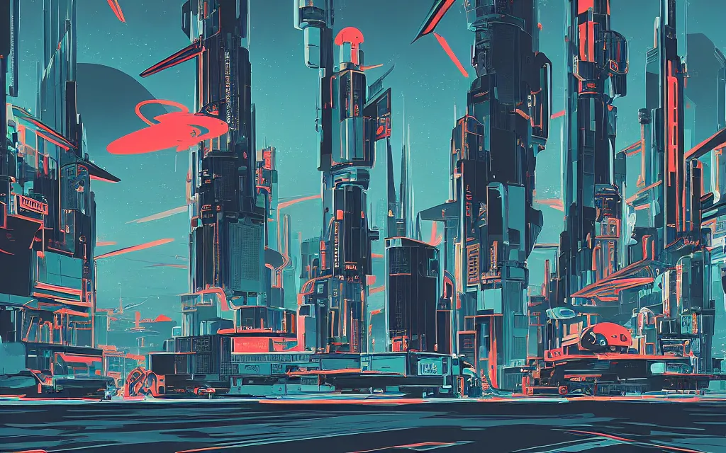 Image similar to retrofuturistic city, in the style of syd mead,