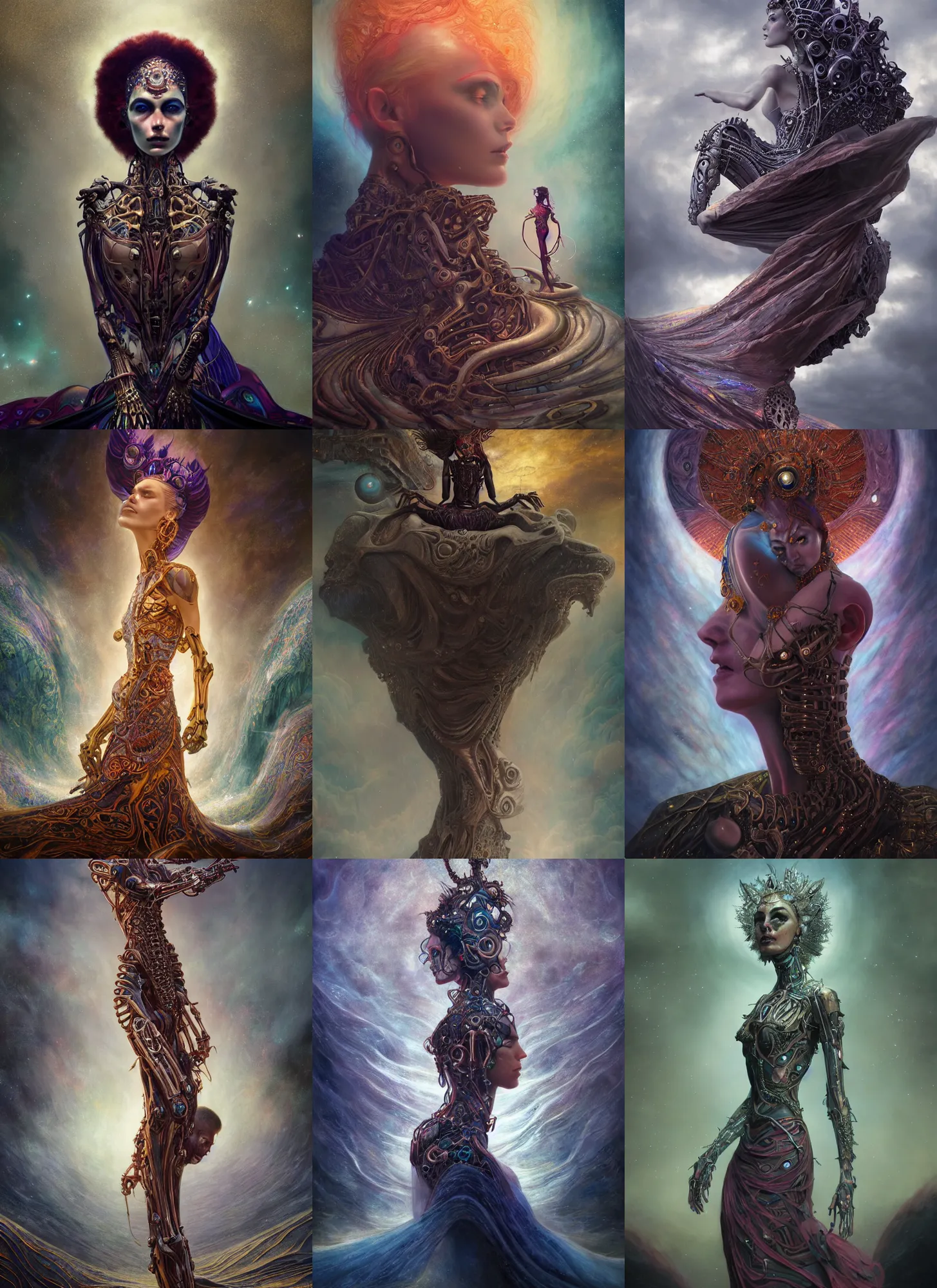 Prompt: epic portrait of menacing and anxious yet stunningly beautiful biomechanical djinn overseeing the iridescent fabric of the universe, by charlie bowater, mandy jurgens, gustav klimt, octane render, dramatic camera angle, 4k, 8k, high detail, HDR, by tom bagshaw, powerful, with inspiration from Beksinski