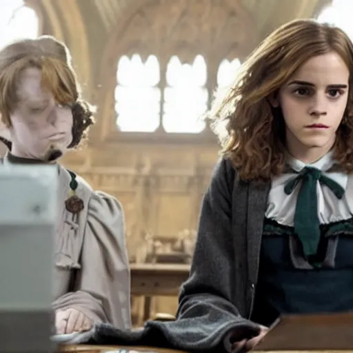 Image similar to Photo of Emma Watson as Hermione Granger using a computer next to Professor McGonagall in Hogwarts