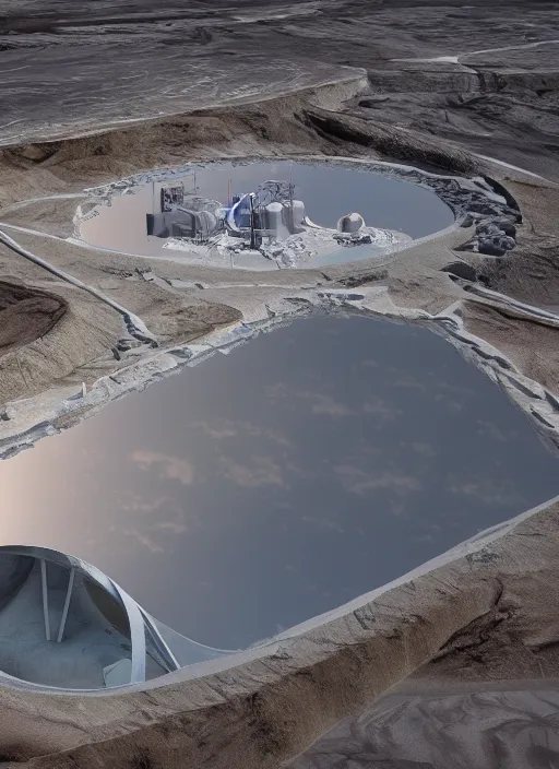 Image similar to hologram bioremediation white architecture, in the mining tailings of chuquicamata, epic, cinematic, hyperealistic, high detailed, corona render, hdr, ray tracing