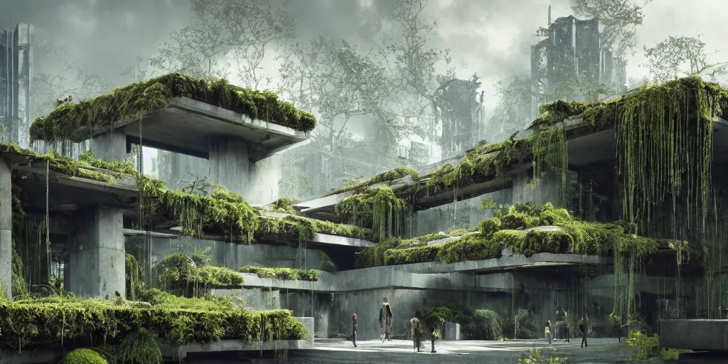 Image similar to concrete architecture with moss and ivy growing all over, futuristic, late afternoon light, dramatic sky, by frank lloyd wright and greg rutkowski and ruan jia