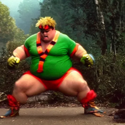 Image similar to Chris Farley as Blanka from Street Fighter ,photography, action shot