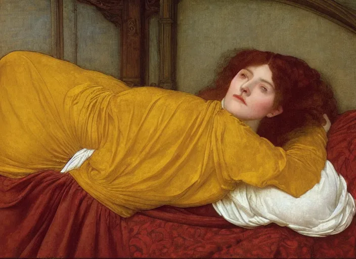 Prompt: portrait of lady reclining on bed wearing yellow ochre ornate medieval dress, framed, preraphaelite colour photography by frederic leighton, william morris, 8 k