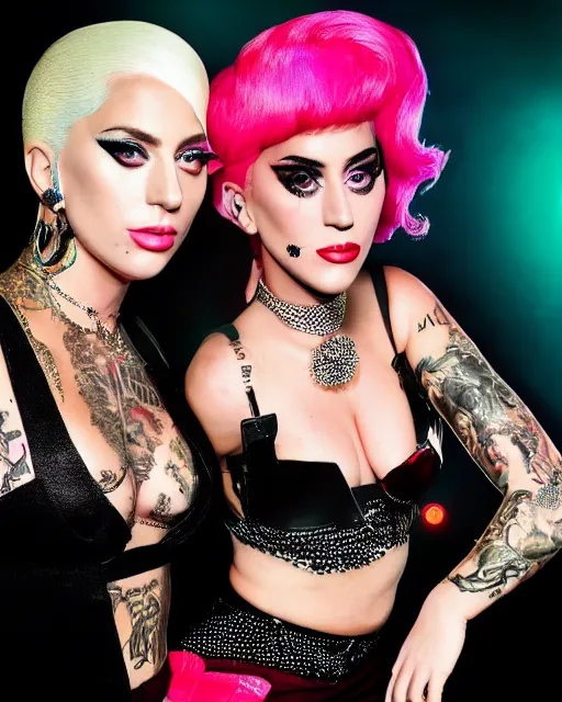 Prompt: 35mm macro photograph Beautiful lady gaga and Katy Perry, flirting expression, wearing a camisole, vibrant high contrast, octane, arney freytag, Fashion photo shoot,, glamorous, tattoos,shot in the photo studio, backlit, rim lighting, 8k